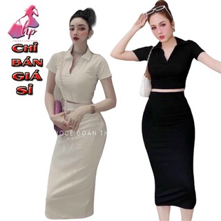 Set đồ nữ áo croptop ngắn tay cổ bẻ kèm váy dài ôm body thun xịn mịn mẫu mới sang chảnh 2021 trend hàn quốc