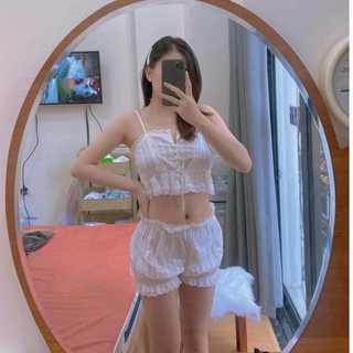 Bộ đồ ngủ mặc nhà màu trắng phối ren quyến rũ dành cho nữ/Bộ ngủ sexy thô đũi SP012
