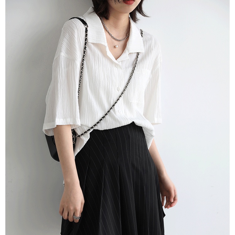 SUXI Áo Sơ Mi Ngắn Tay Dáng Rộng Màu Sắc Đơn Giản Dành Cho Nữ