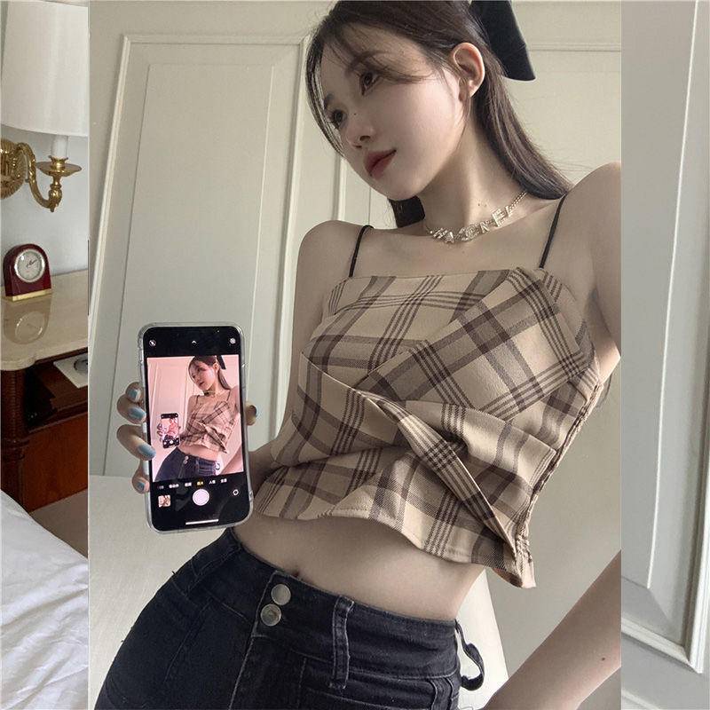 Áo Hai Dây Nữ Mùa Hè Kẻ Sọc Retro Gợi Cảm Kiểu Mỹ