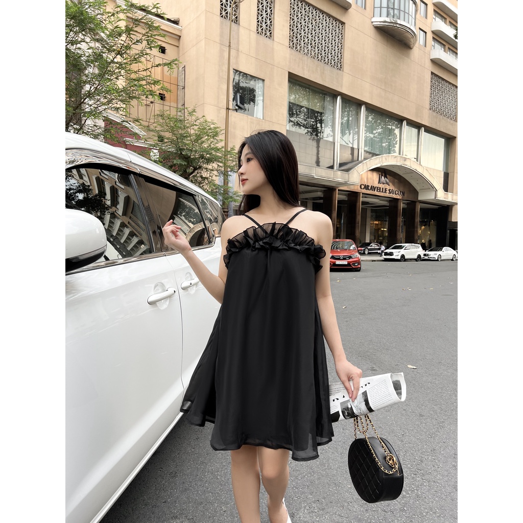 YU CHERRY | Đầm hai dây vải organza bèo quanh ngực, Hailey Organza Dress YD155