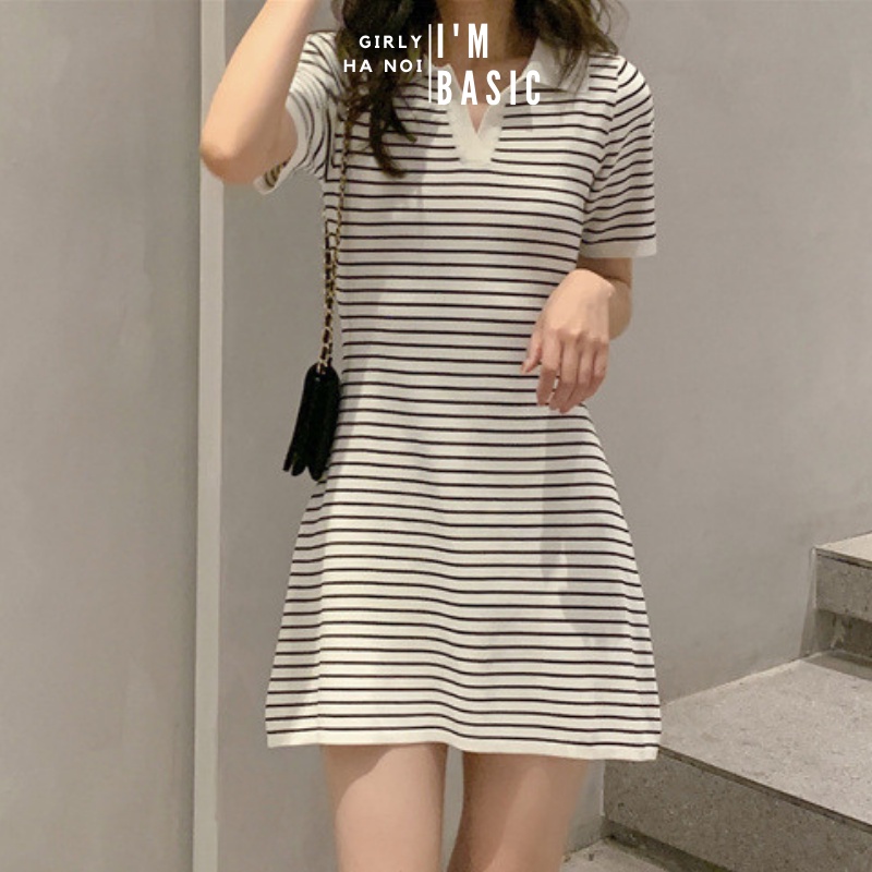 Váy Polo Dáng Suông Kẻ Ngang I'm Basic Girly Đầm Body Cổ Bẻ Ngắn Tay Chất Cotton Co Dãn 4 Chiều Ulzzang