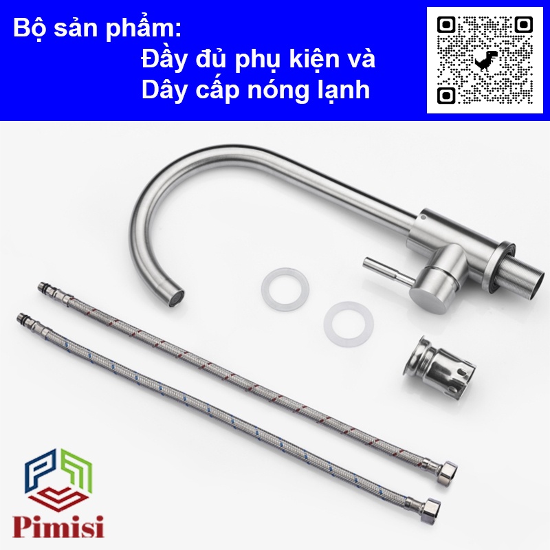 Vòi Rửa Bát Nóng Lạnh Inox 304 Pimisi Cho Chậu Rửa Chén Bát 2-3 Ngăn Trong Nhà Bếp, Quay 360 Độ + 2 Dây Nước| Chính Hãng