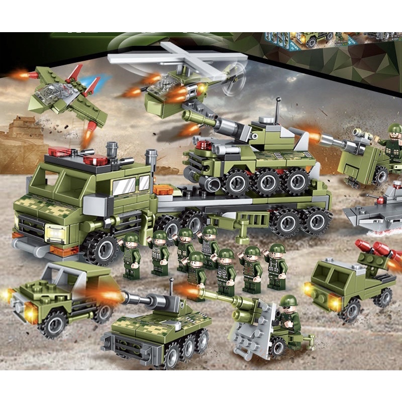 Bộ xếp hình Lego tiểu đội xe tank , Lego trực thăng , Lego máy bay ,Lego swat xanh lá
