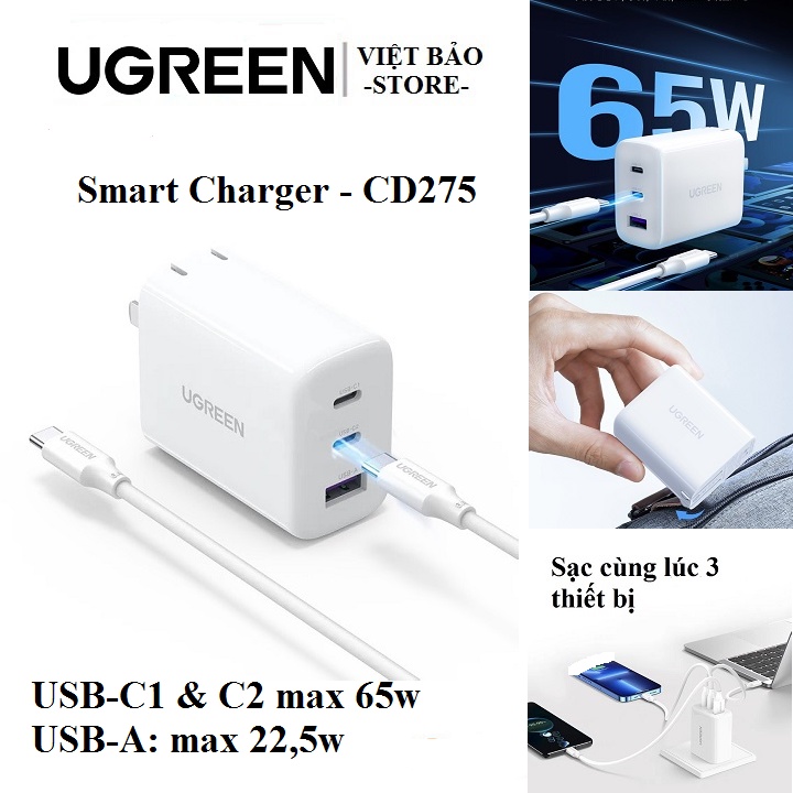 Sạc Nhanh 3 Cổng UGREEN Smart Charger 65W -CD275 ( 2 type-C + 1 USB-A )