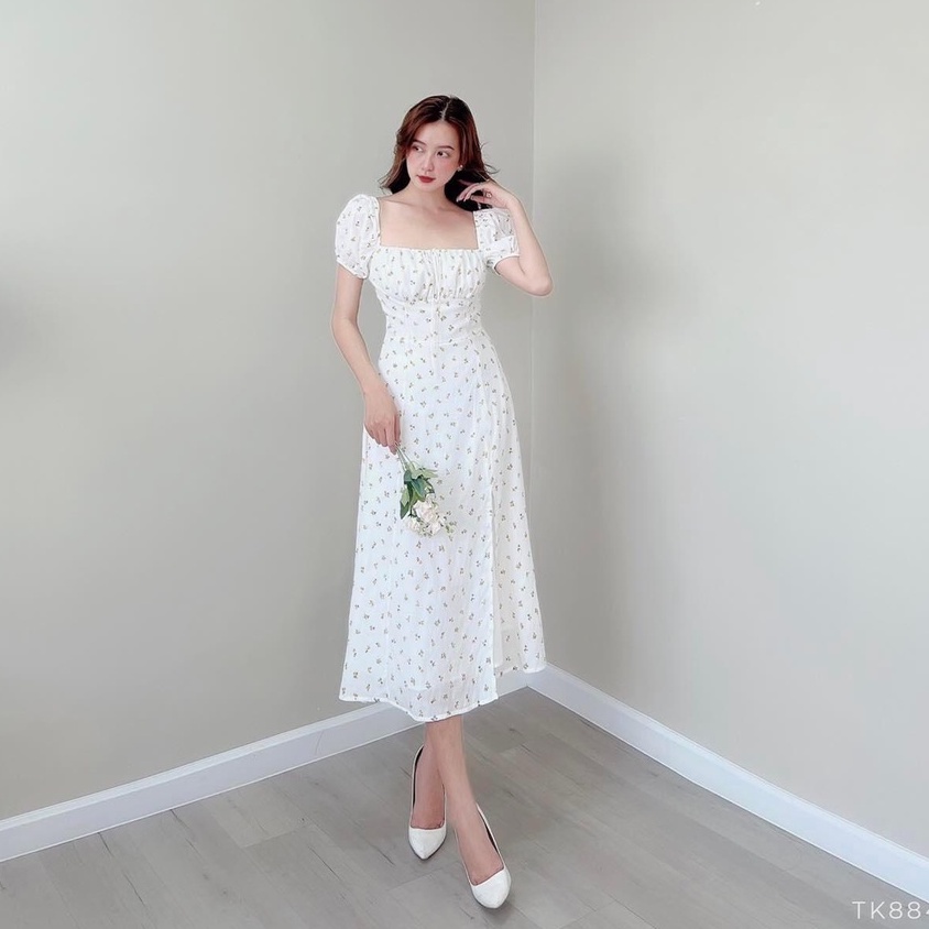 [Ảnh thật] Đầm midi hoa trắng cổ vuông nhún ngực xẻ tà cực xinh