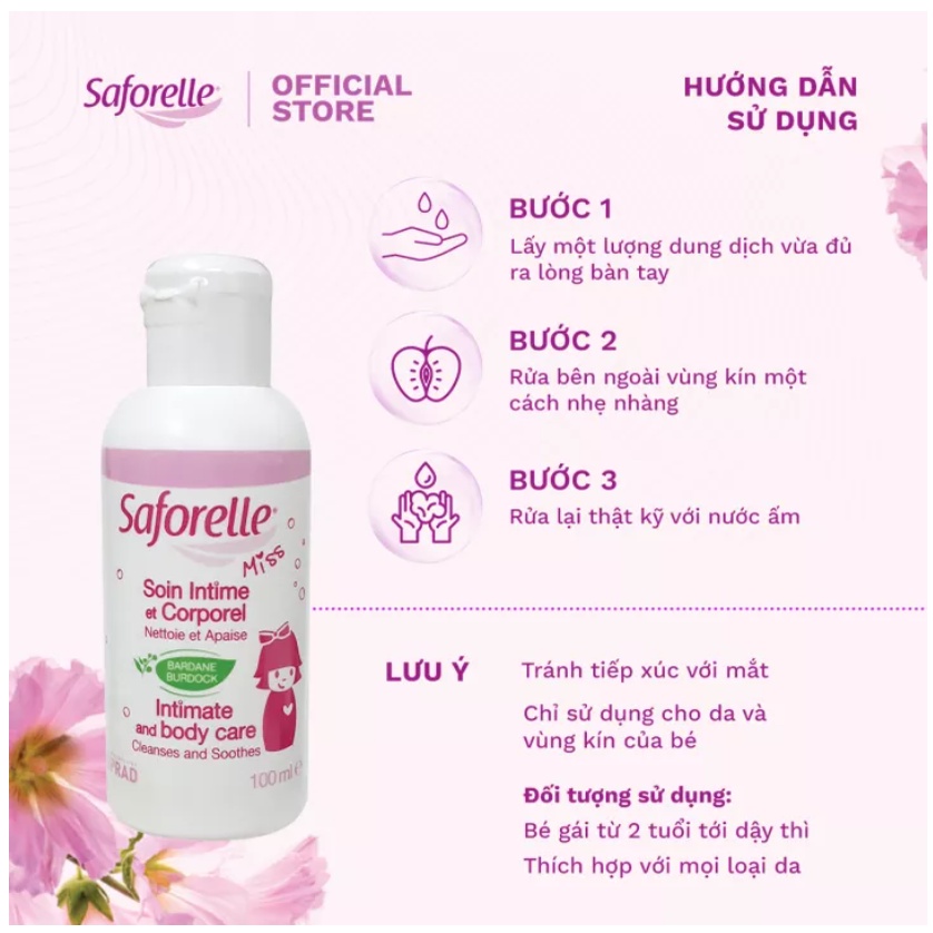Dung dịch vệ sinh bé gái Saforelle Miss cao cấp giúp làm sạch, dưỡng ẩm vùng da nhạy cảm của bé gái 100ml