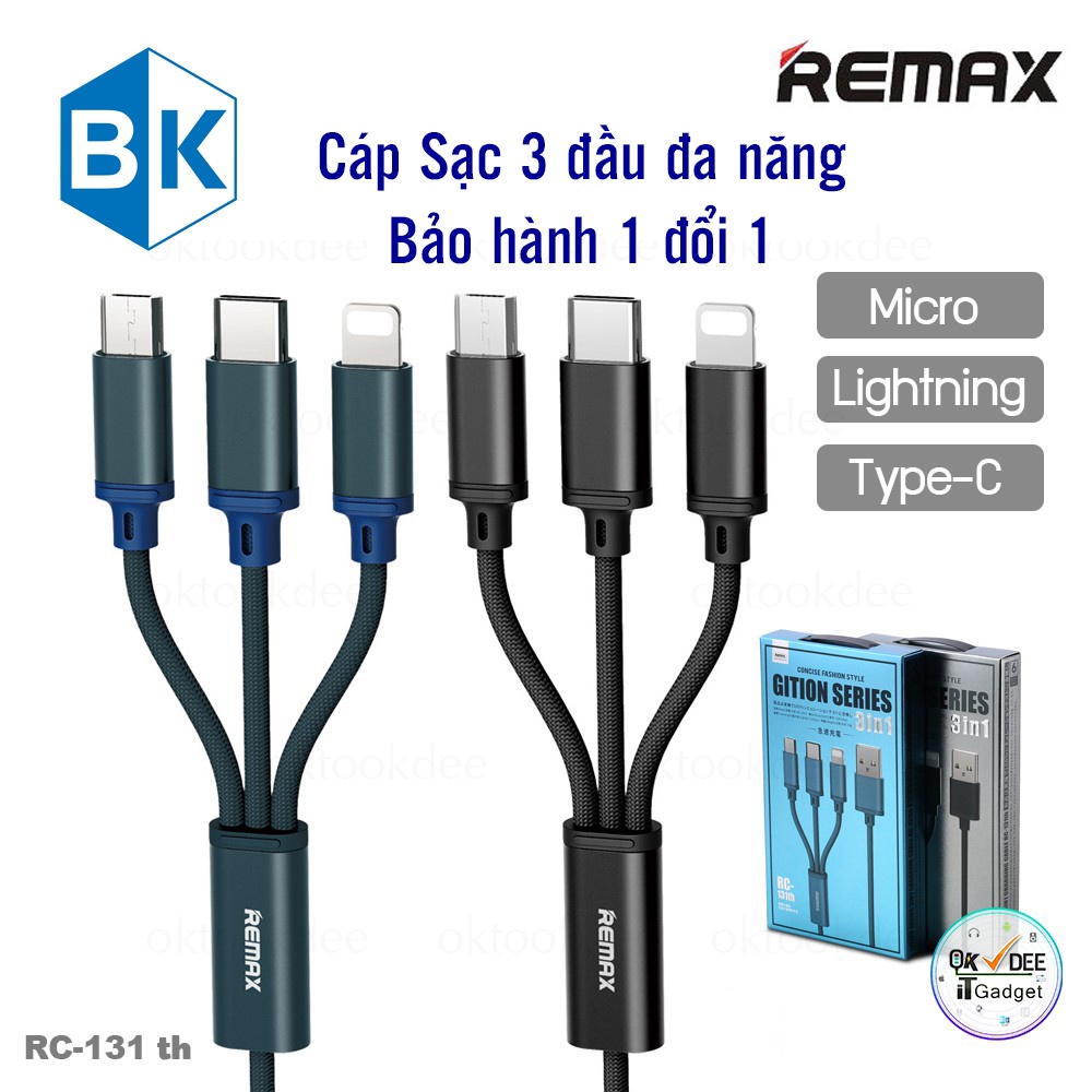 Cáp Sạc Remax 3 đầu đa năng 3 in 1 RC-131TH iPhone, MicroUSB, Type-C dây dù chất lượng tốt, bảo hành 1đổi1