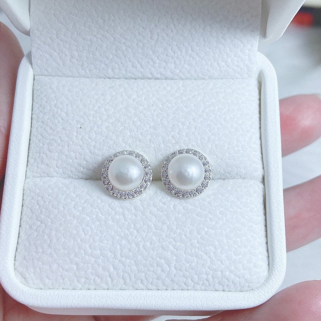 Bông tròn đính hạt li to, khuyên tai chất liệu bạc ta sang trọng - Trang sức bạc Evasilver