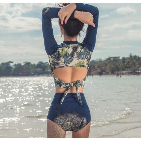 Bikini dài tay 2 mảnh 🍓QUEEN SHOP🍓 Đồ bơi nữ kín đáo Quảng Châu họa tiết lá BIK52  ྇ ༴