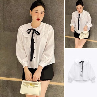 Áo sơ mi trắng cổ bèo tay bồng cổ phối nơ đen