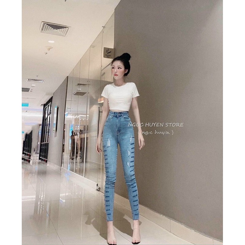 Quần jeans ôm body lưng siêu cao rách xương cá