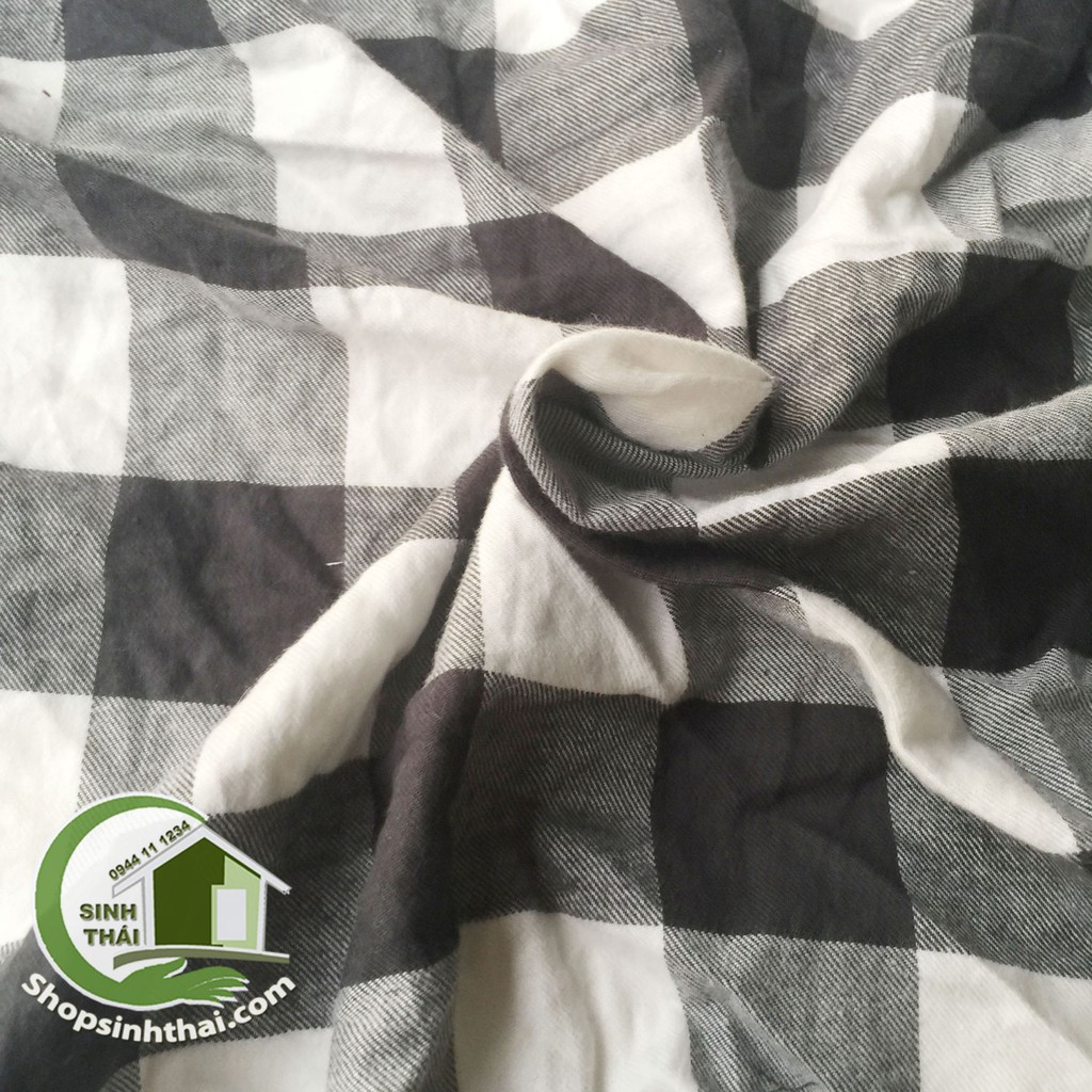 Vải cotton nỉ sọc caro trắng đen