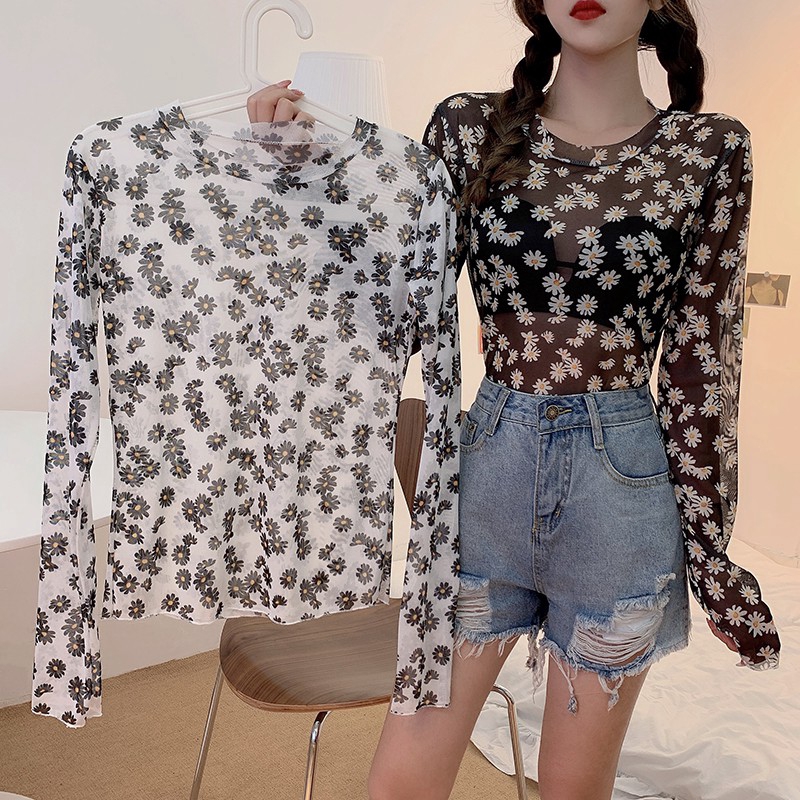 Fashion Korean Women Summer Beach Style Casual Floral Gauze Blouse Sunscreen Bikini Cover Up Tops T-shirt