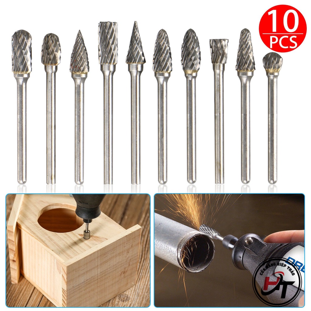 Bộ 10 mũi mài hợp kim mini điêu khắc gỗ lũa kim loại sắt nhựa chuôi 3mm BMMHK-3MM