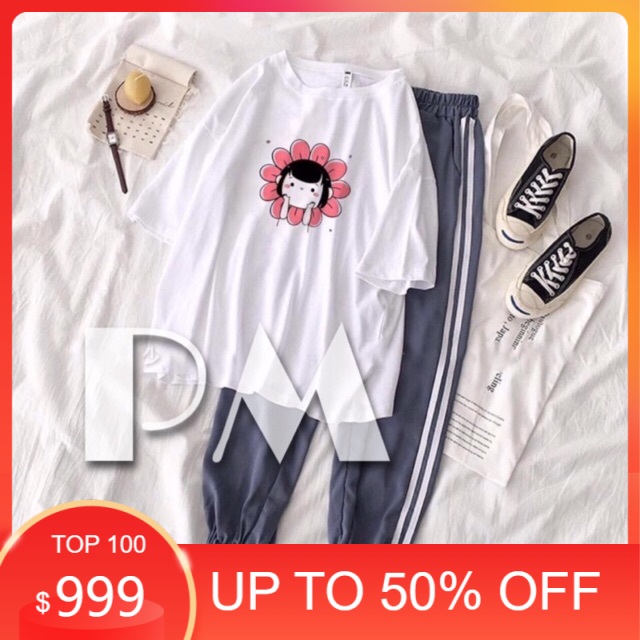 Sét áo cô gái hoa +quần sọc đen bo gấu , sét áo nam nữ, chất đẹp, sét bộ mặc ở nhà MODY