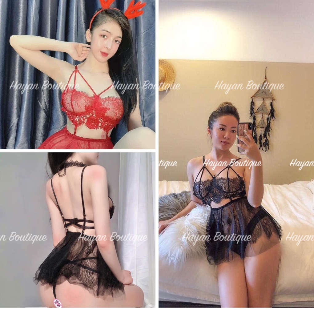 HT68 Váy ngủ sexy ngực dây buộc tặng CHÍP, đầm ngủ ren xuyên thấu dáng xoè gợi cảm HT68