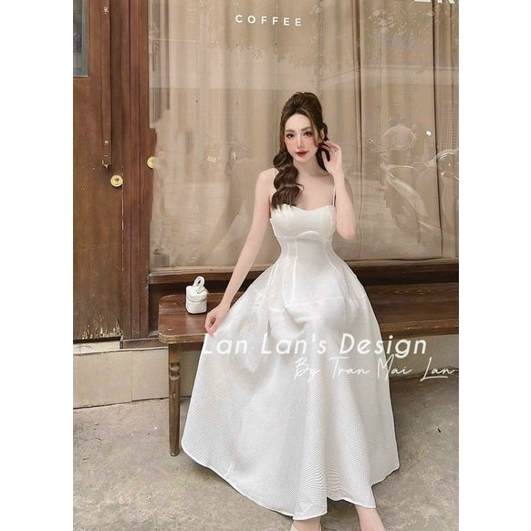 Đầm maxi xốp hai dây cúp ngực trắng đen cao cấp