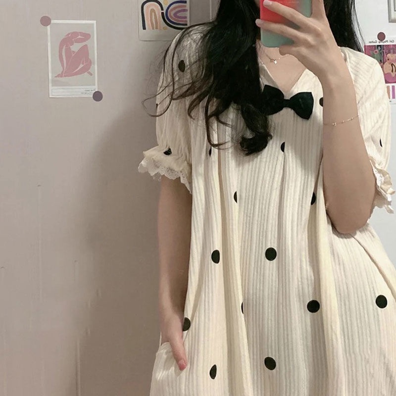 Đồ ngủ Tay Ngắn Dáng Dài Phối Ren Đính Nơ Phong Cách Hàn Quốc Thời Trang Mùa Hè Cho Nữ