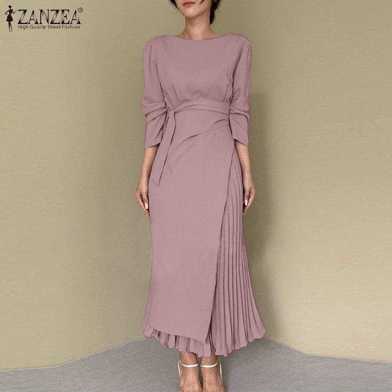Đầm maxi ZANZEA ôm dáng eo co giãn tay dài cổ tròn màu trơn thời trang đường phố Hàn Quốc cho nữ