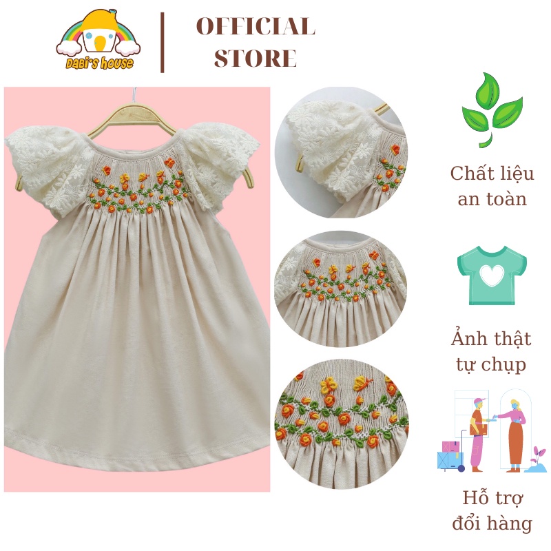 Váy Đầm Cho Bé Gái, Đầm Smock Thêu Tay Cánh Tiên Phối Ren Phong Cách Bánh Bèo Dễ Thương Size 1 Tuổi -10 Tuổi