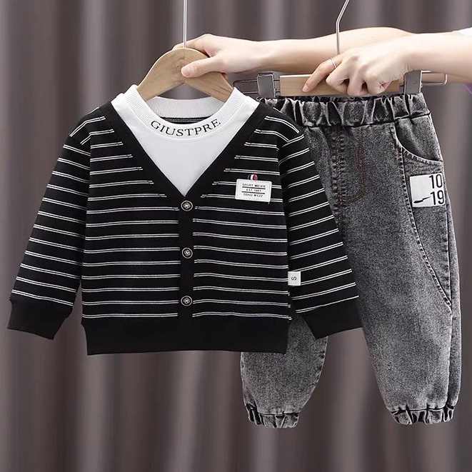 Đồ bộ bé trai, Set thu đông 2022 gồm áo tay dài nỉ sweater kẻ ngang và quần jeans dài cho bé từ 7 - 18 kg, DUCK 392