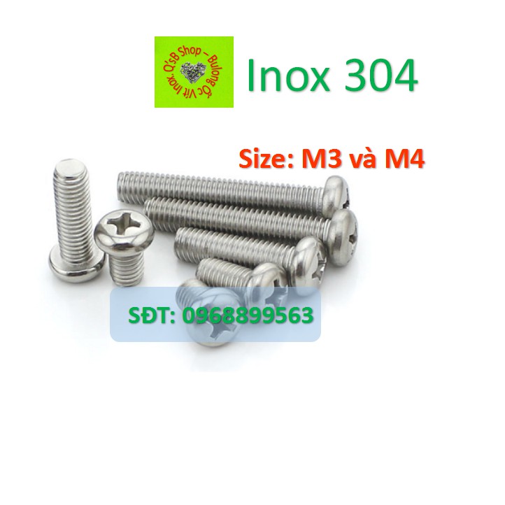 Vít pake đầu tròn inox size M3 và M4, ốc 4 cạnh đầu  cầu inox, ốc vặn tua vít đầu tròn thân bulong, inox 304