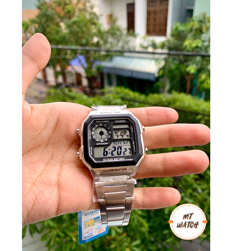Đồng hồ Casio Nam AE-1200 thiết kế mặt vuông cổ điển dây kim loại chống nước - pin 10 năm xài siêu bên