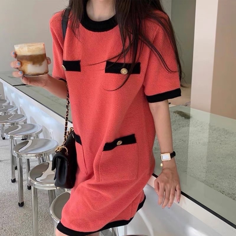 -Váy len suông cộc tay nữ màu cam Ulzzang Hàn Quốc BORA SHOP cổ tròn viền đen