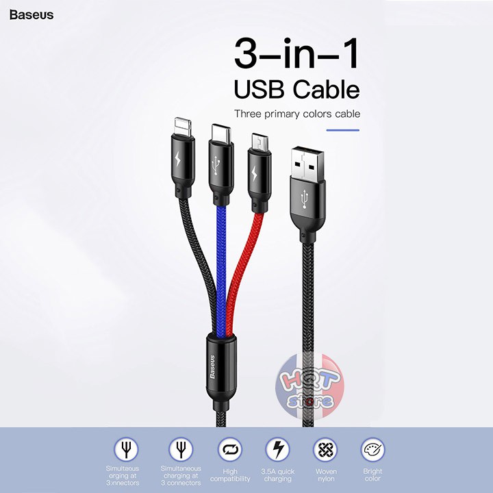 Cáp sạc 3 đầu Baseus 3 in 1 Type C Lightning Micro USB 30cm / 120cm