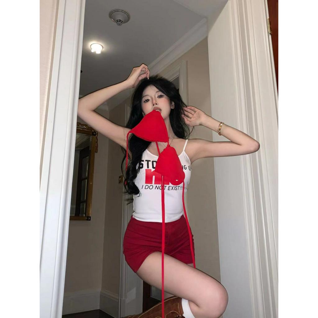 Cocory vn Áo Tank Top Hai Dây Màu Trơn In Chữ Thời Trang Mùa Hè Quyến Rũ Cho Nữ