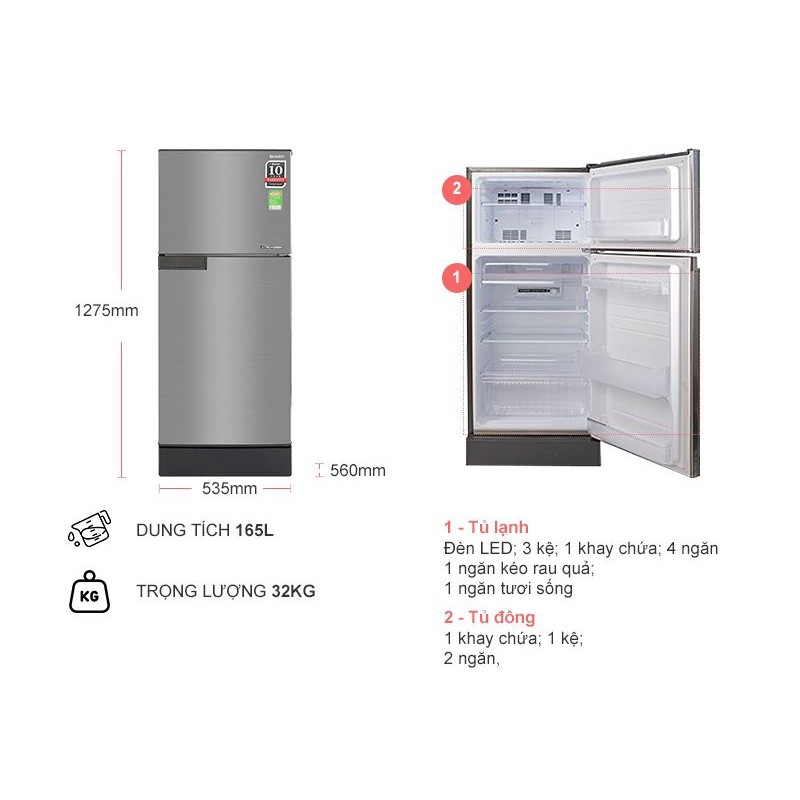 Tủ lạnh Sharp Inverter 150 lít SJ-X176E-SL - sản xuất Thái Lan,hàng chính hãng bảo hành 12 tháng, giao hàng miễn phí HCM