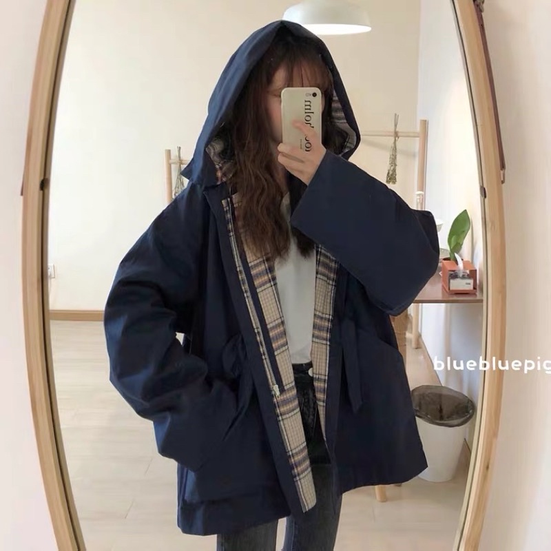 XL-3XL - Áo khoác nữ | Áo khoác nữ bigsize dáng rộng có mũ 2 màu Xanh, Trắng