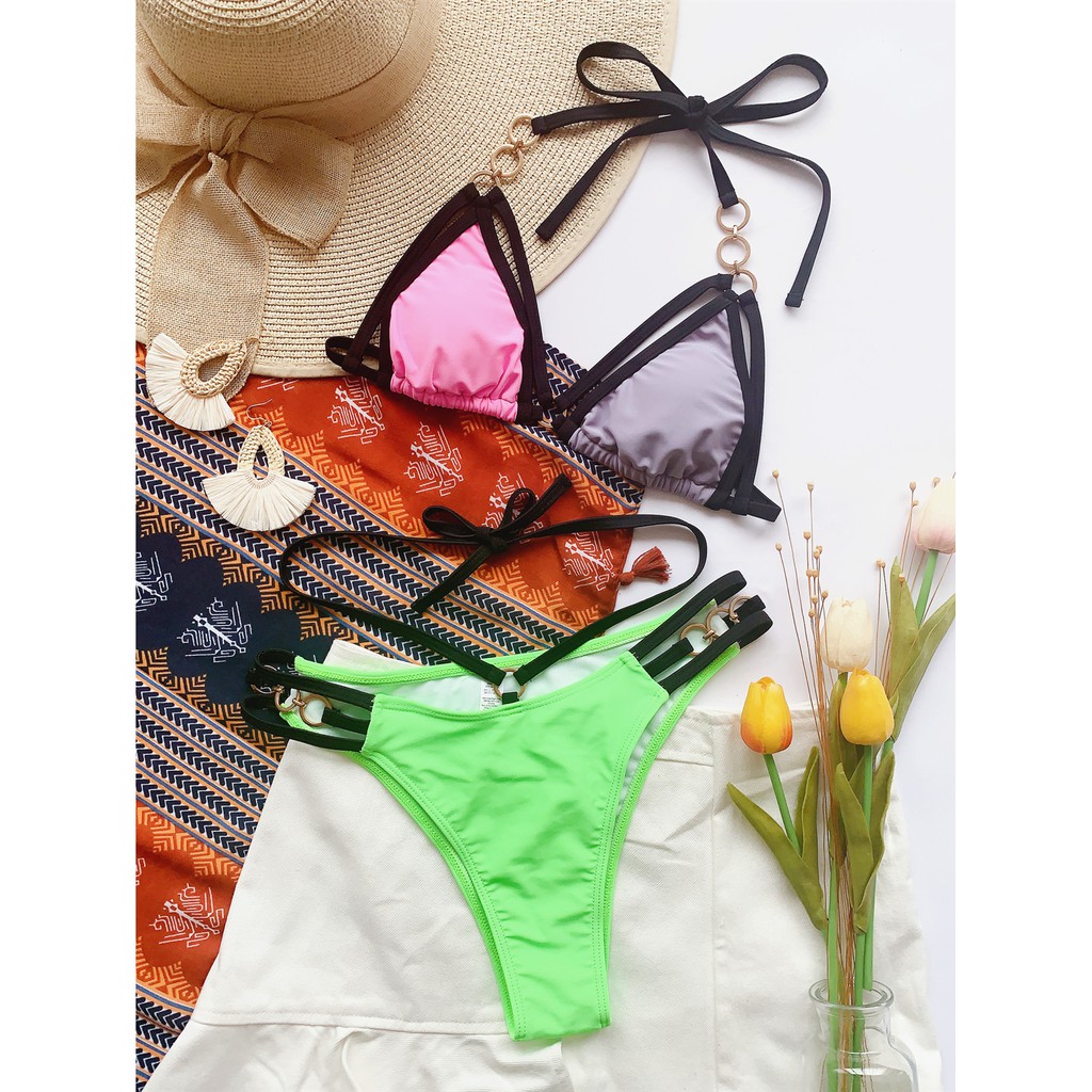 [BKN1350] &lt;ÂU&gt; SET BIKINI HỒNG TÍM QUẦN XANH NEON KHUY TRÒN