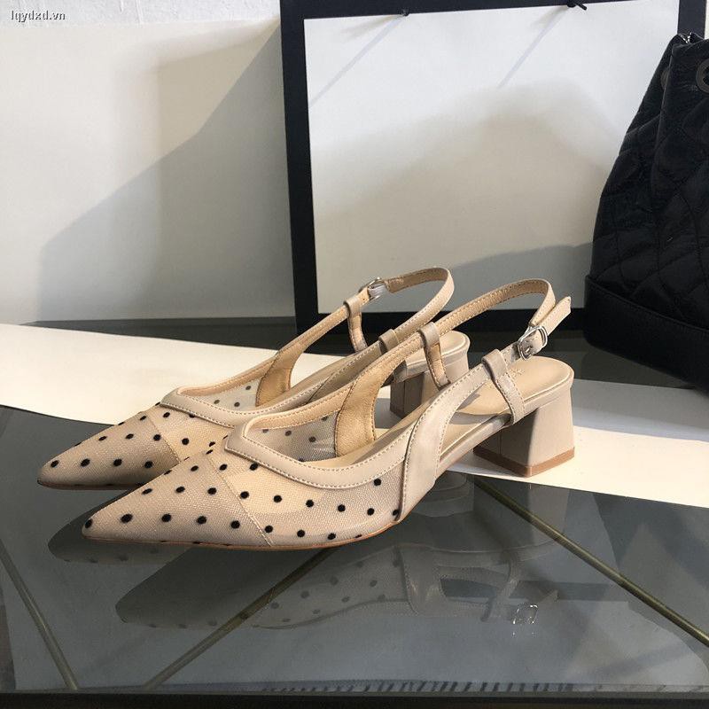 Giày gót cao trung bình mũi nhọn họa tiết chấm bi thời trang mùa hè mới 2021 cho nữ