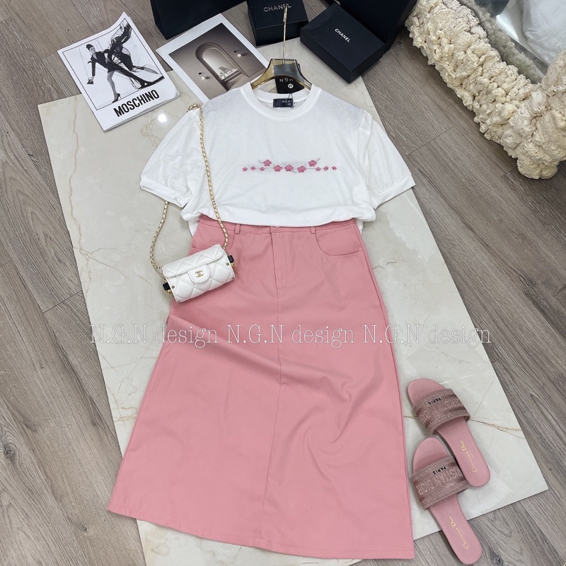 Set áo phông hoa mix chân váy dài