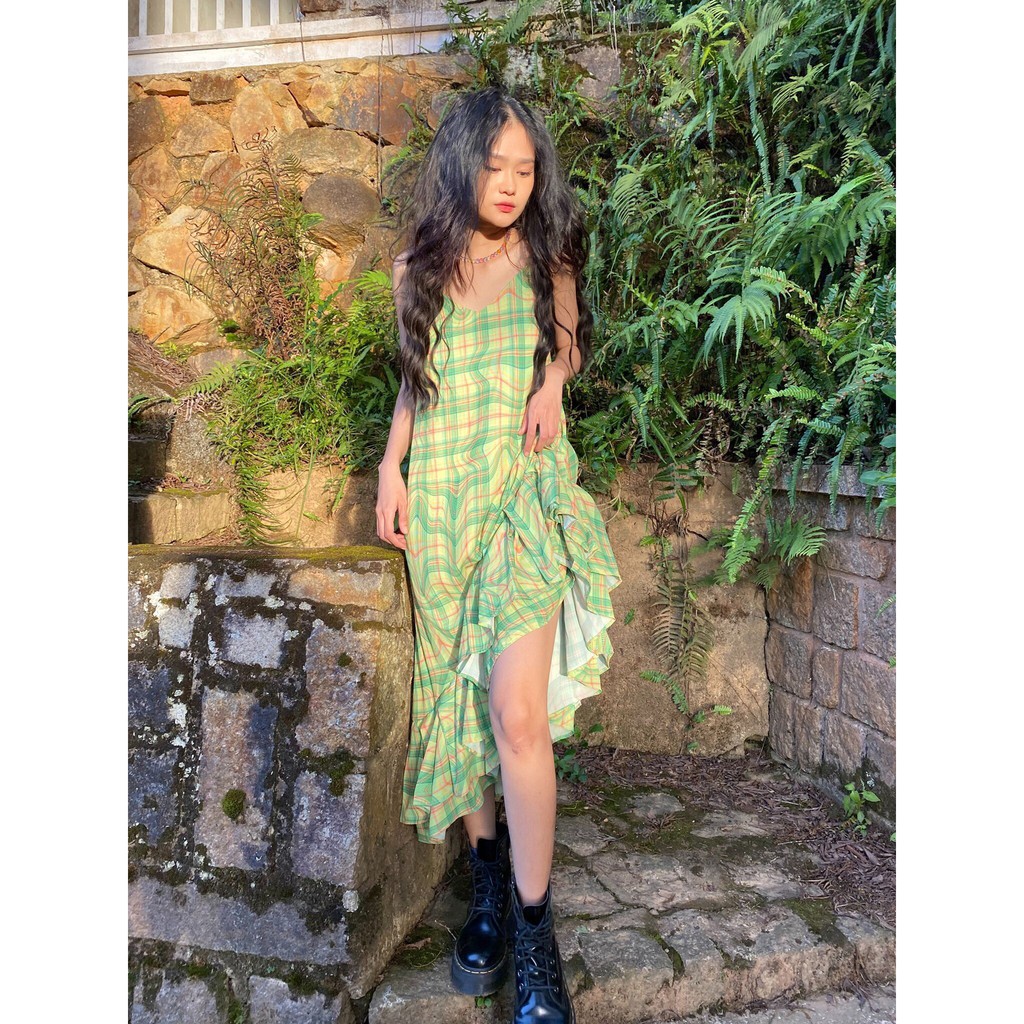 TARTAN - Tartan Dress SE / Green / Tartan Pattern - Đầm Hai Dây Maxi Chân Váy Xoè Xanh