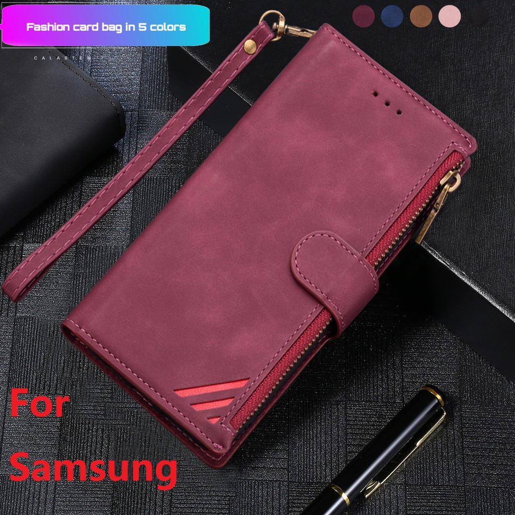 Bao da điện thoại nắp gập có khe đựng thẻ và khóa kéo cho Samsung Galaxy Note 20 Ultra Not 20 5g S20 + Plus S20
