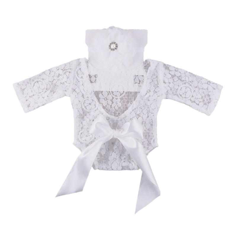 Bộ 2 Món Áo Liền Quần Phối Ren Hoa + Băng Đô Xinh Xắn Cho Bé Chụp Ảnh