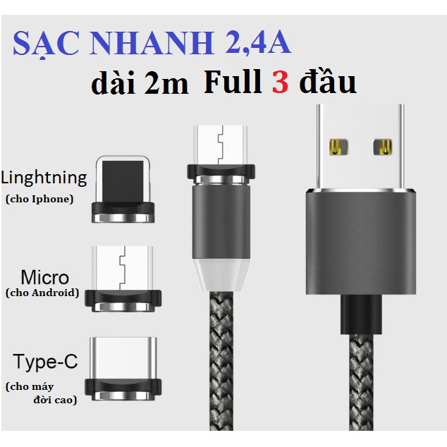 Cáp sạc từ nam châm dài 2m, xoay 360 độ, sạc nhanh 2.4A