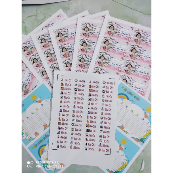 Sét 50 nhãn in hình bé tặng 64 stiker in tên đã bế và 2 thời khoá biểu