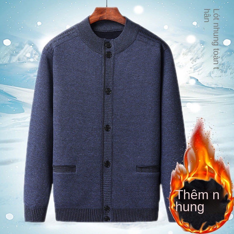 Áo len cardigan cho người đàn ông trung niên và cao tuổi cùng với áo khoác dệt kim dày nhung ông nội 70 tuổi áo khoác ấm