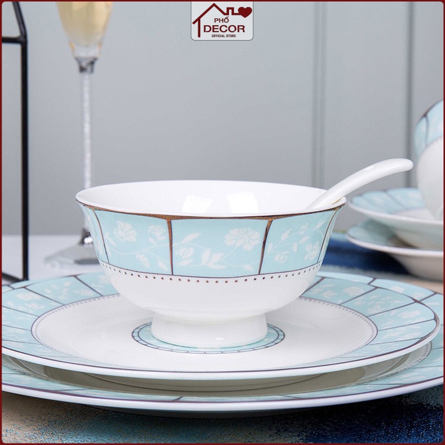 Bộ Bát Đĩa Hoa Xanh Ngọc Phố Decor Chất Liệu Sứ Xương Cao Cấp