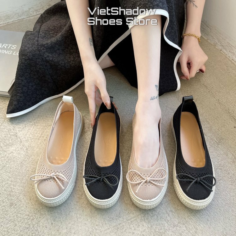 Giày búp bê slip on - Giày lười nữ dệt kim nguyên chiếc 2 màu đen và khaki, đế cao su mềm chống trơn trượt - Mã A31