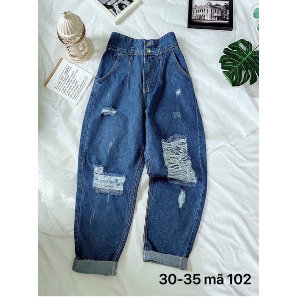 Quần Baggy Nữ Jean Bigsize Đến 80kg Lưng Cao 2 Nút Rách Kiểu Phong Cách Hàng VNXK Ms102