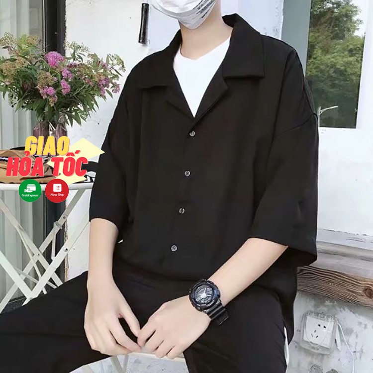 Sơ mi nam form rộng cổ vest tay lỡ 3/4