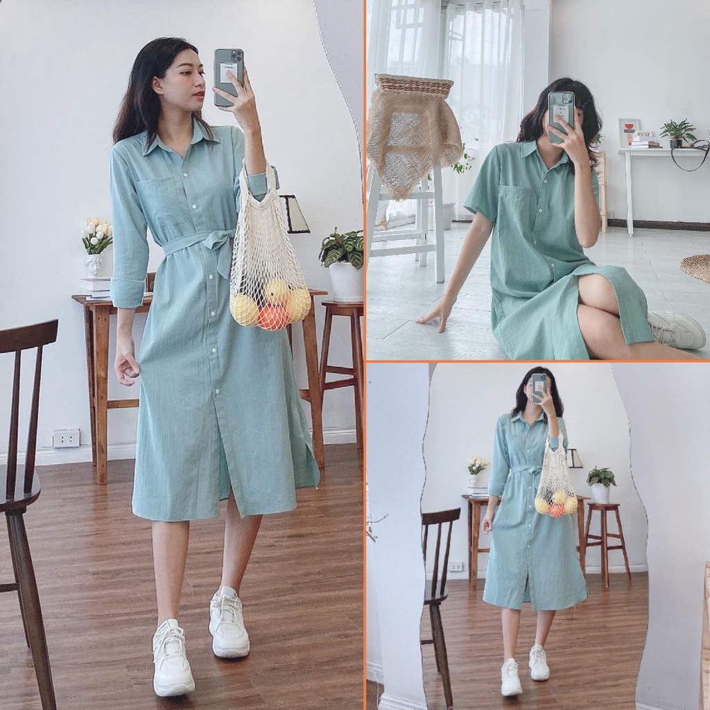 Váy sơ mi dáng dài thắt eo Linly Store form suông vintage V-SMD