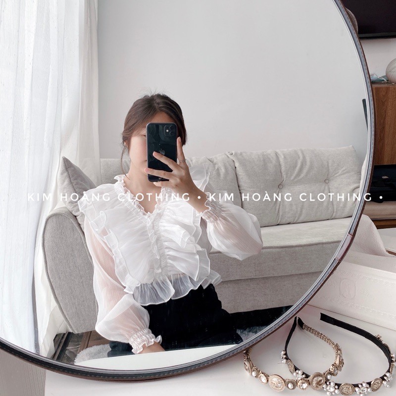 Áo sơ mi tiểu thư nữ croptop bèo nhún kiểu trễ vai tay bồng bánh bèo | BigBuy360 - bigbuy360.vn