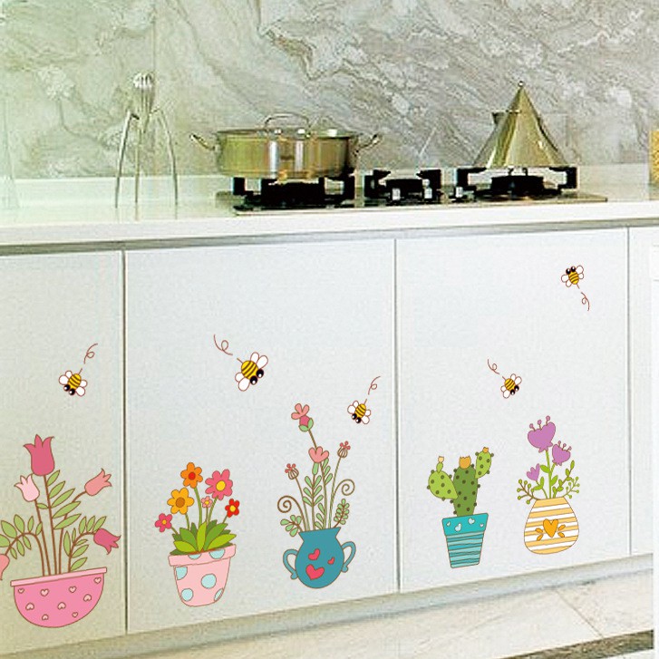 Tranh decal dán tường LỌ HOA với những bông hoa khoe sắc trang trí phòng bếp, cửa hàng - Decal dán tường