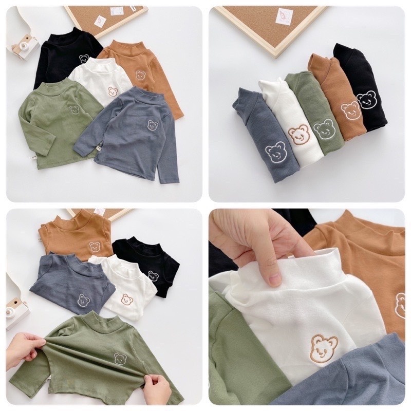 Áo dài tay cho bé - Áo giữ nhiệt cotton len cổ 3 phân thêu gấu cute (pthhanh1993)